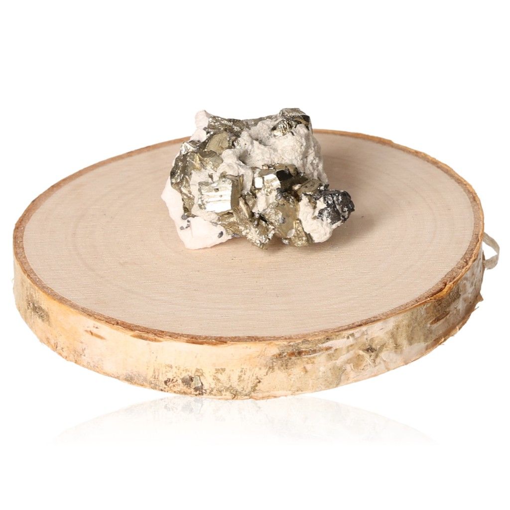 Raw pyrite druzy on wooden slice, perfect for inspiring independence and courage.