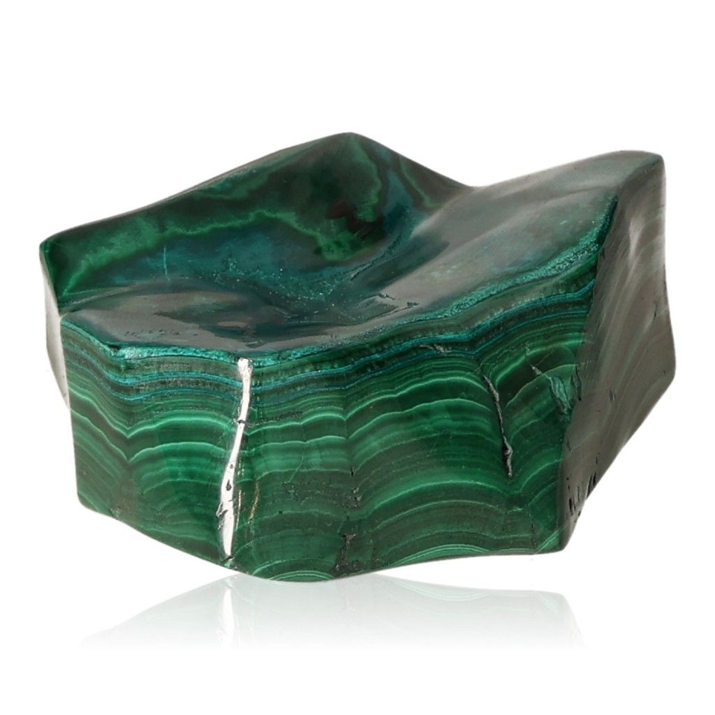 Polished malachite stone with rich green swirls, symbolizing nature's soothing energy and promoting courage and optimism.