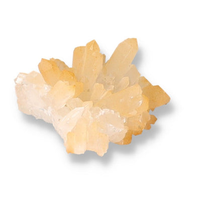 Quartz crystal cluster with iron oxide, golden and clear hues, associated with chakras and zodiac signs for spiritual energy support.