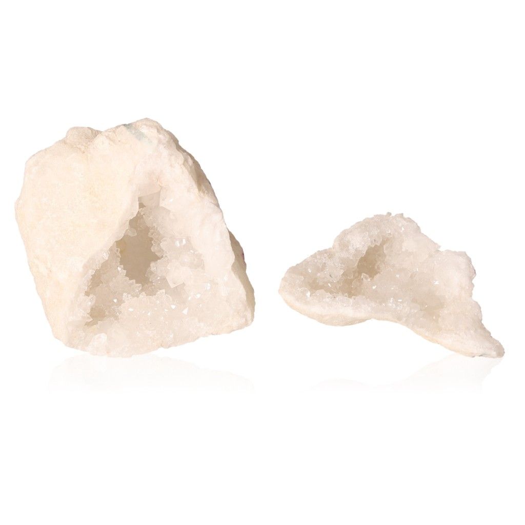 Milky quartz geode with sparkling white crystals, known for purifying energy, enhancing tranquility, and promoting inner strength.