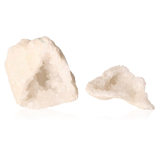 Milky quartz geode with sparkling white crystals, known for purifying energy, enhancing tranquility, and promoting inner strength.