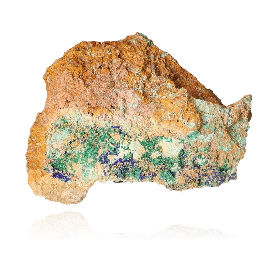 Raw malachite specimen with vibrant green and earthy tones, showcasing natural textures and patterns.