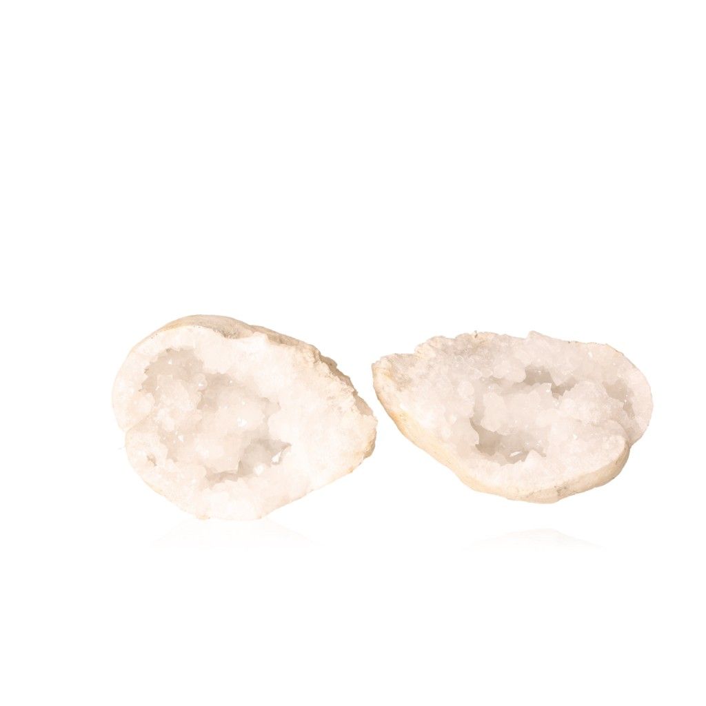 Milky quartz geode with sparkling white crystals revealing a rugged, earthy shell, perfect for energy balance and positive vibrations.