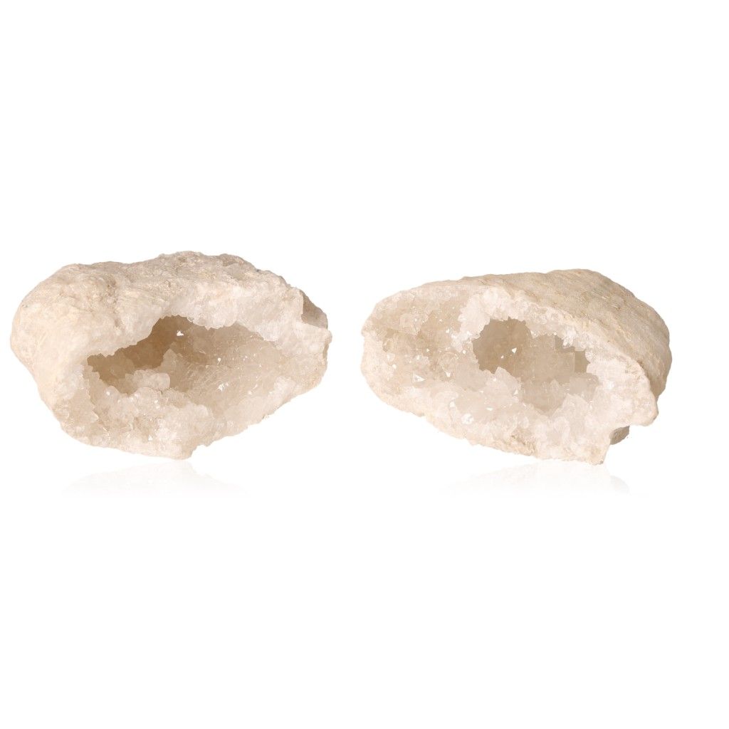 Milky quartz geode cut open, revealing sparkling white crystals, used for energy purification and enhancing tranquility.