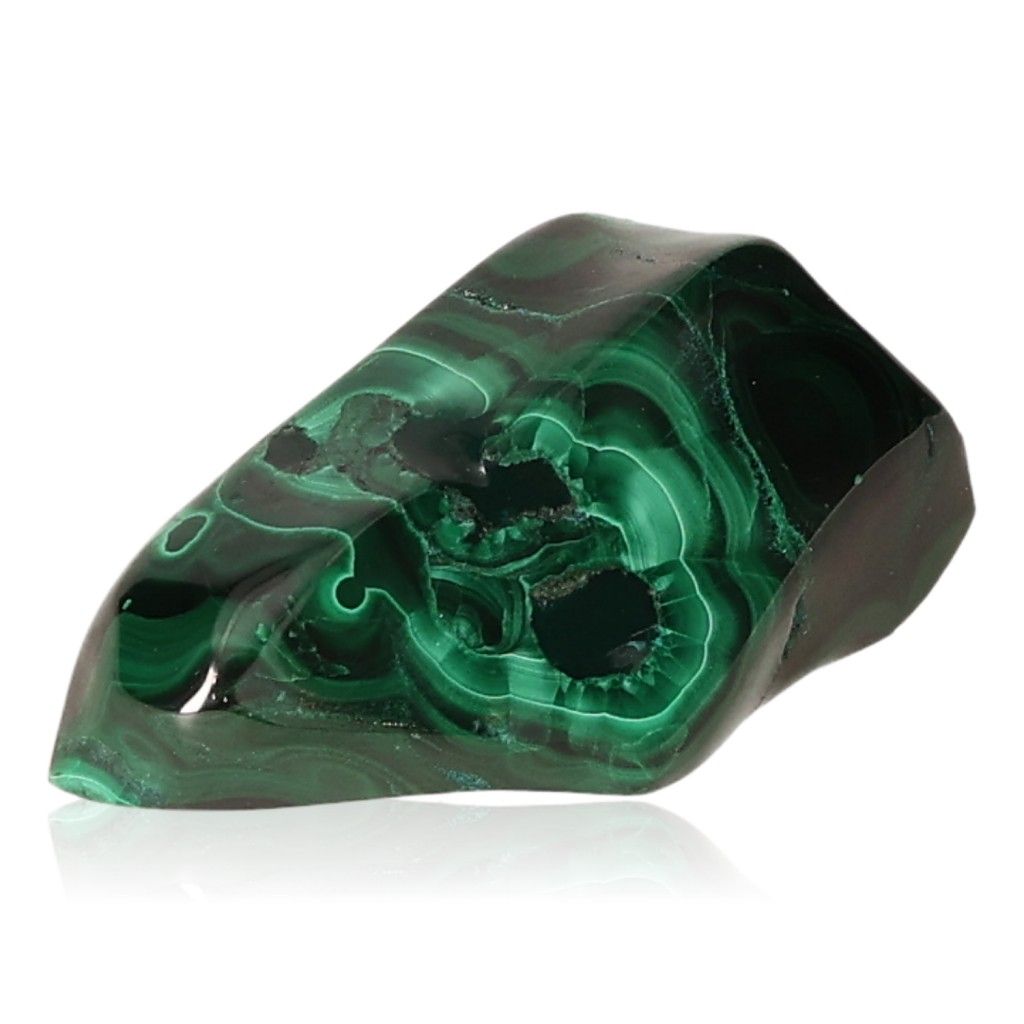 Polished Malachite gemstone with rich green swirls, known for its soothing and energizing properties, promoting courage and optimism.