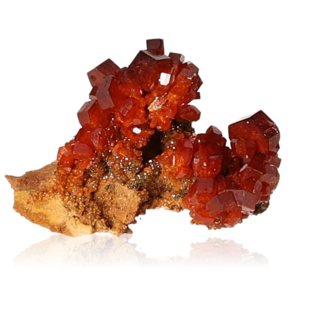 Vanadinite Druze with vibrant red hexagonal crystals on a glassy surface, enhancing focus and motivation.