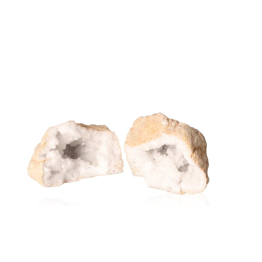 Rugged earthy quartz geode with sparkling cloudy white crystals, known for purifying energy and enhancing tranquility.