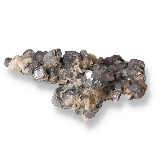 Galena mineral stone showcasing metallic luster, known for transformation, grounding, and spiritual practices. Handle with care.