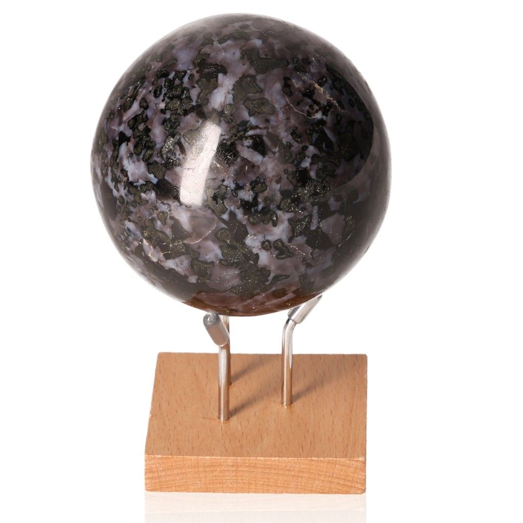 Indigo Gabbro Sphere on stand, Mystic Merlinite crystal for intuition and spiritual growth, with black and indigo swirling patterns