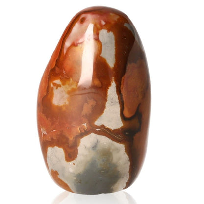 Polychrome Jasper free form with vibrant red, orange, and brown color patterns, known for its energizing and grounding properties.