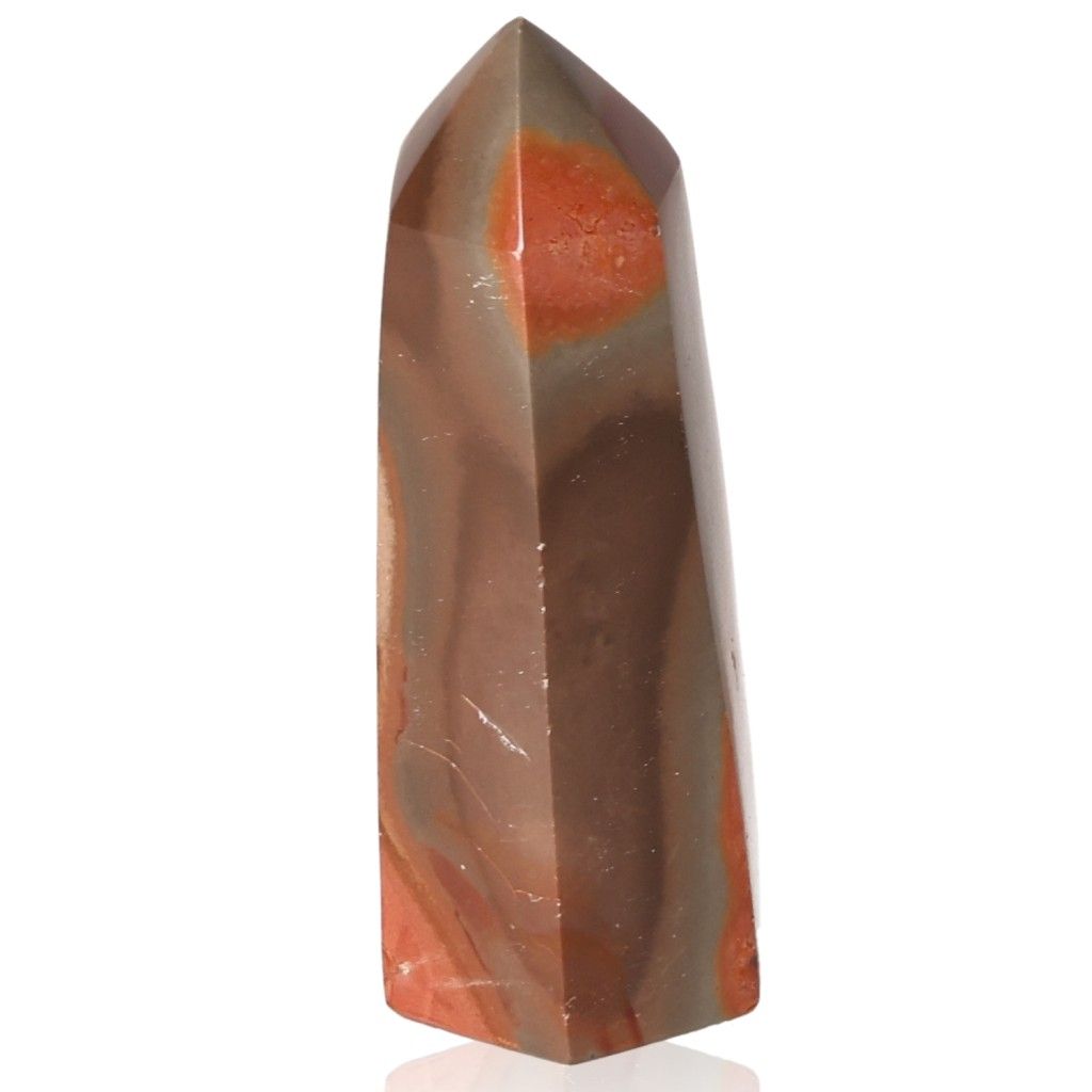 Polychrome Jasper Tower with vibrant red, orange, and brown banded patterns, known for its grounding and energizing properties.