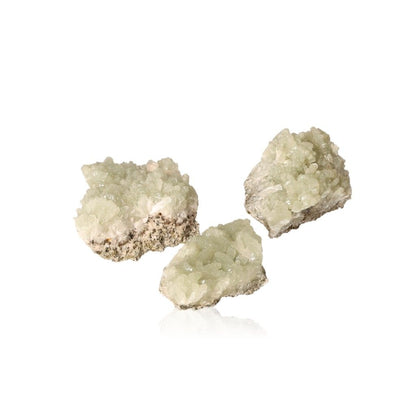 Small Prehnite druzes in pale green hues, known for soothing properties and enhancing spiritual growth.