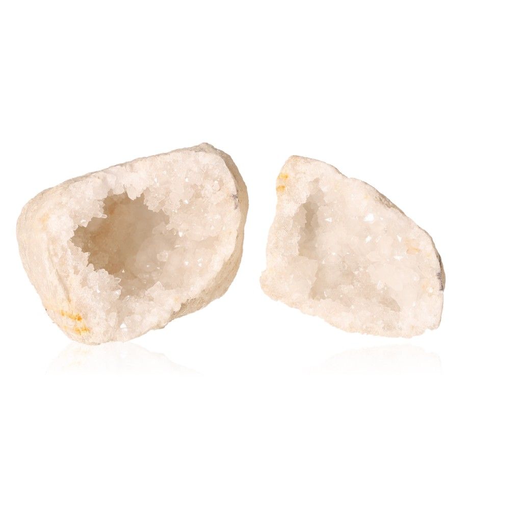 Milky quartz geode split open to reveal sparkling, cloudy white crystals, ideal for energy cleansing and enhancing tranquility.