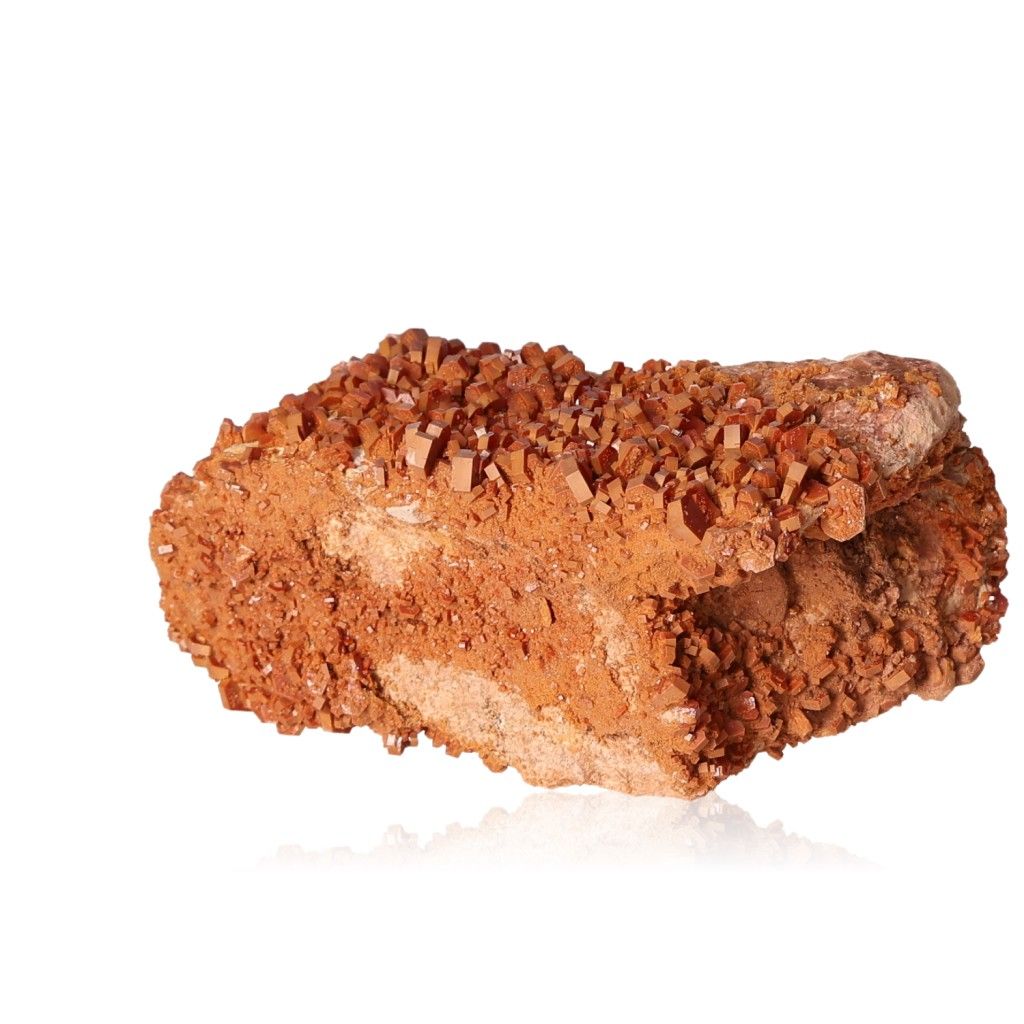 Vanadinite druzy crystal for focus, motivation, and personal transformation on a white background.