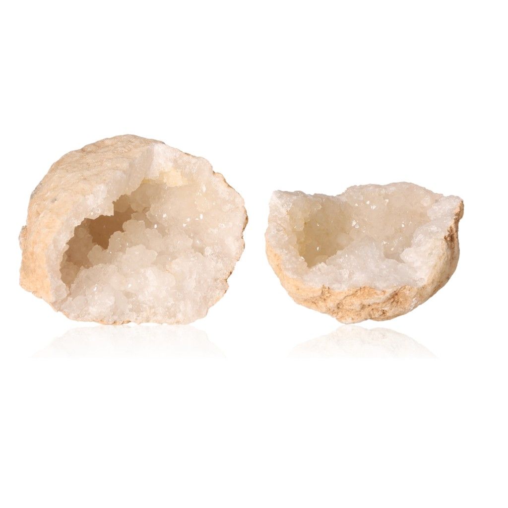 Milky quartz geode with sparkling white crystals, ideal for enhancing energy, tranquility, and focus in spaces.