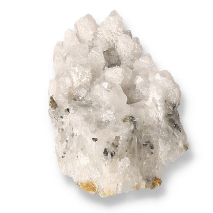 Clear quartz crystal cluster with unique formations highlighting energetic properties and chakra associations.