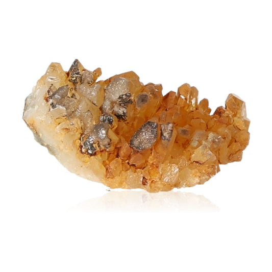 Quartz with goethite and manganese oxides from Sylvia Crystals showcases natural citrine glow and transformative properties.