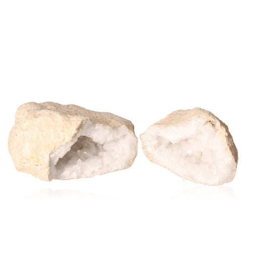 Milky quartz geode split open to reveal sparkling cloudy white crystals, known for boosting focus and positive energy.