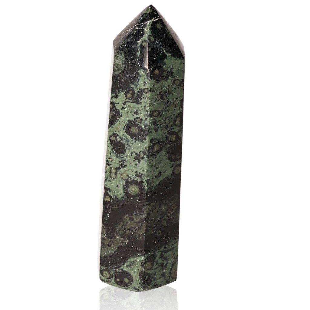 Kambaba Jasper crystal tower with green and black patterns, known for peace, ancient wisdom, and grounding energy.