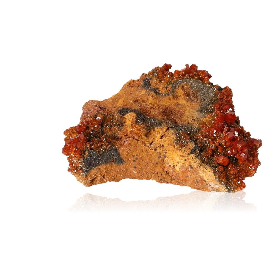 Vanadinite Druze with vibrant reddish-orange hexagonal crystals on a glassy surface enhances focus and motivation.