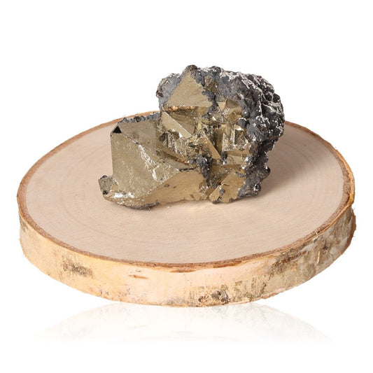 Pyrite druzy crystal on wooden slice, symbolizing courage, independence, and inspiration. Perfect for personal growth and motivation.