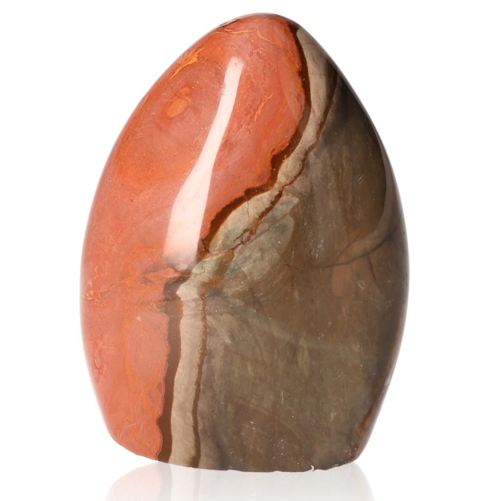 Polychrome Jasper free form stone with vibrant red, orange, and brown color patterns, known for grounding and energizing properties.