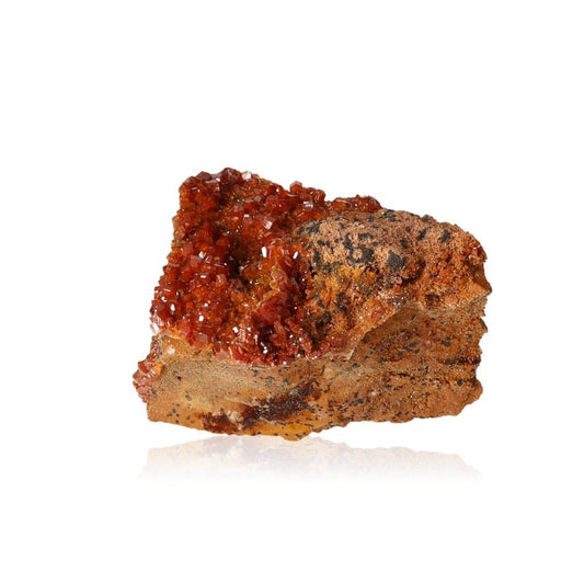 Vanadinite druzy with reddish-brown hexagonal crystals and a glassy surface, enhancing focus and motivation.