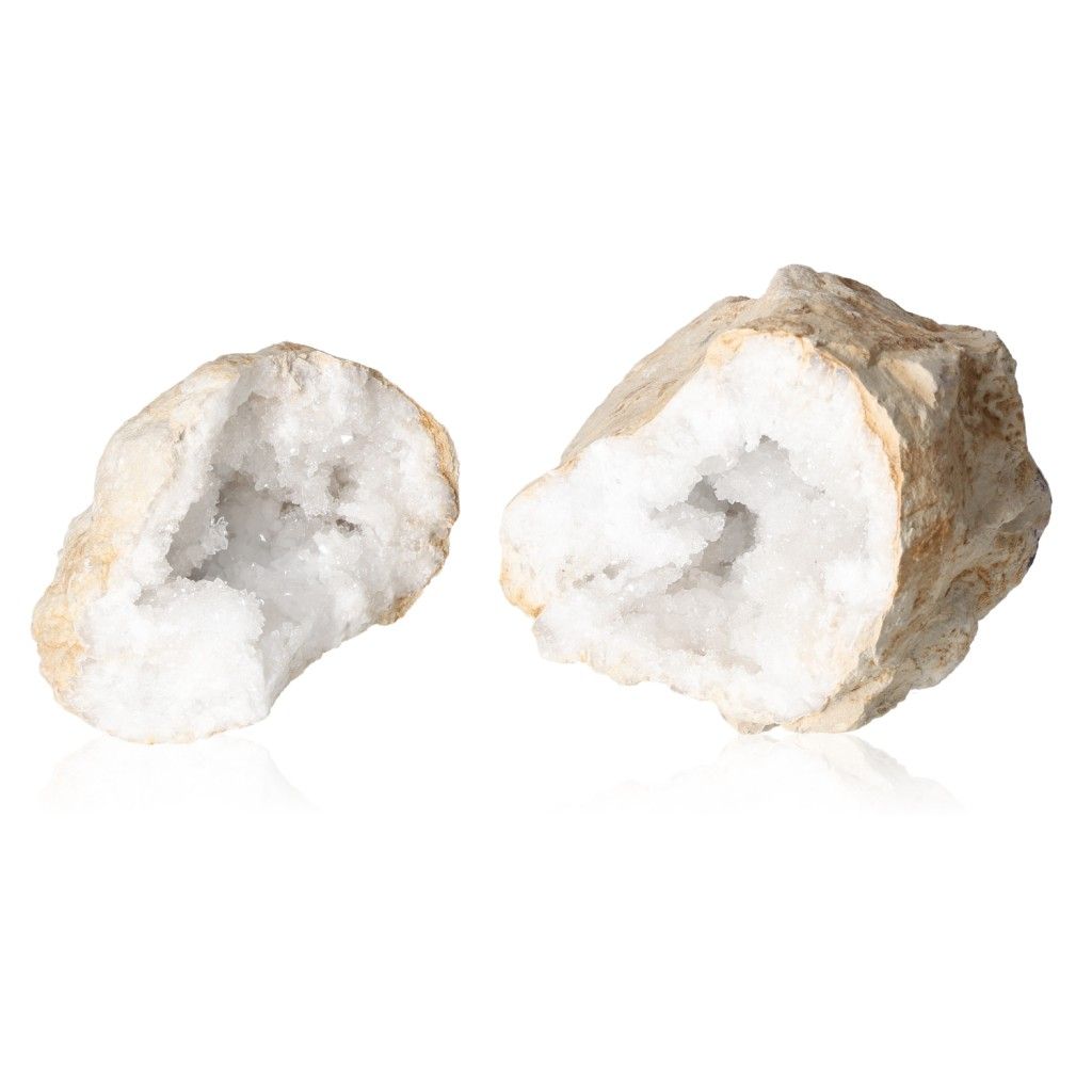 Milky quartz geodes with sparkling cloudy white crystals, ideal for energy cleansing, balance, and inviting positive vibrations.