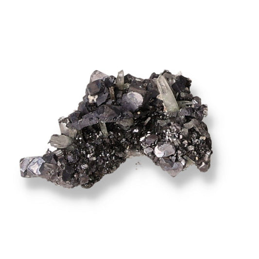 Galena mineral specimen showcasing its dark, metallic luster and crystalline structure, used in spiritual and esoteric practices.