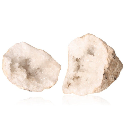 Milky quartz geode with sparkling white crystals, known for purifying energy and enhancing tranquility and clarity.