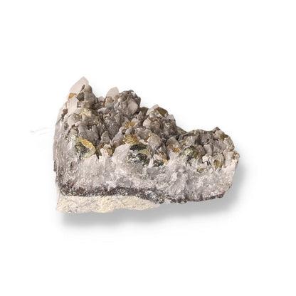 Quartz crystal with chalcopyrite inclusions, showcasing intricate natural formations and metallic sheen against a white background.