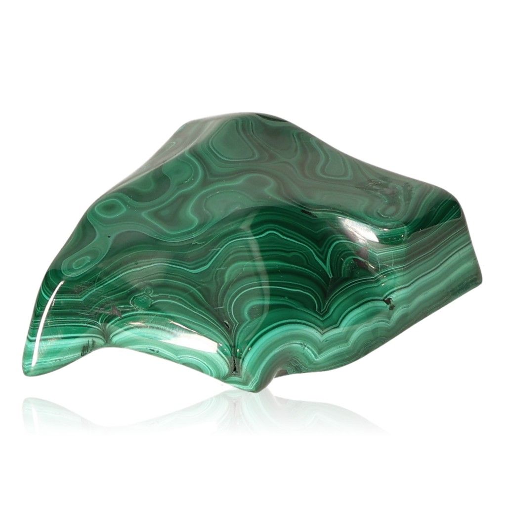 Polished malachite stone with swirling green patterns, known for its soothing energy and supportive qualities in life changes.