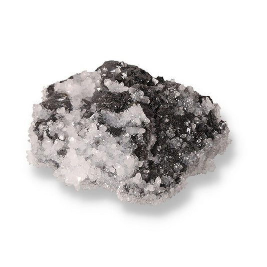 Galena with quartz crystal cluster, showcasing its transformative properties and grounding energy, ideal for spiritual practices.