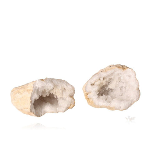 Quartz geode with rugged shell and sparkling white crystals, known for purifying and amplifying energy, enhancing tranquility and clarity.