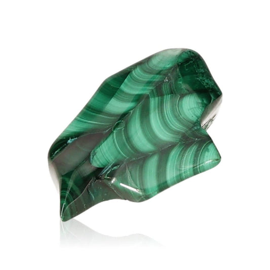 Polished green malachite stone with swirling patterns, symbolizing nature's soothing energy and promoting courage and optimism.