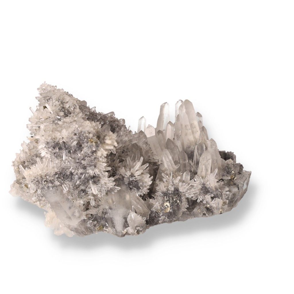 Raw quartz crystal cluster with unique formations and textures, representing spiritual and energetic properties.