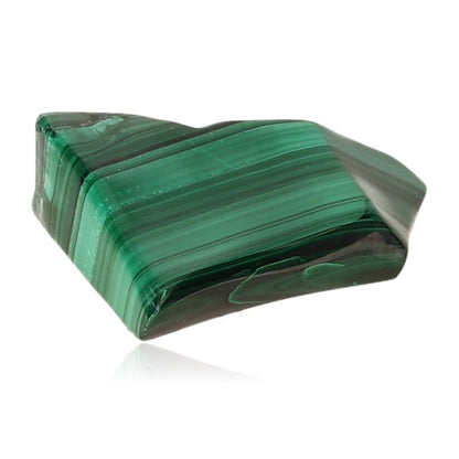 Polished green malachite stone with soothing energy and vibrant bands, symbolizing inner harmony and optimism.