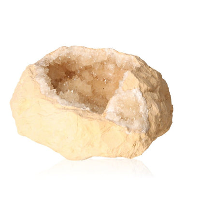 Calcite geode with sparkling crystal interior against white background.