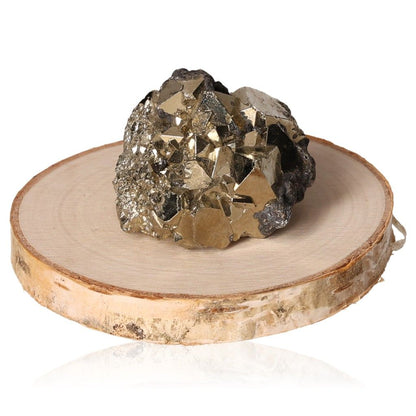 Pyrite druzy on wooden slab, symbolizing courage and motivation in life pursuits.