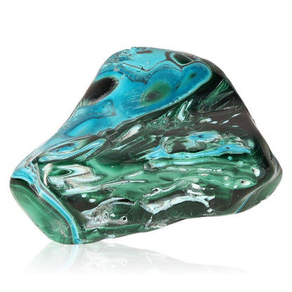 Blue Chrysocolla and Malachite gemstone showcasing vibrant colors and unique patterns, ideal for collectors and healing purposes.