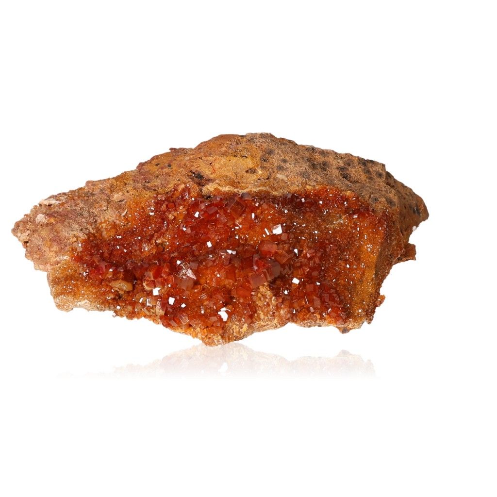 Reddish-orange Vanadinite Druze with hexagonal crystals and glassy surface, enhancing focus and motivation.