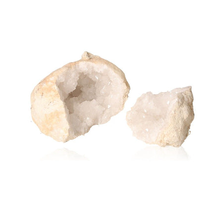 Milky quartz geode with sparkling cloudy white crystals exposed, known for purifying energy and enhancing tranquility.