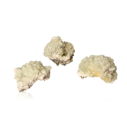 Small prehnite druzes in pale green color, showcasing translucent gemstone crystals on white background.