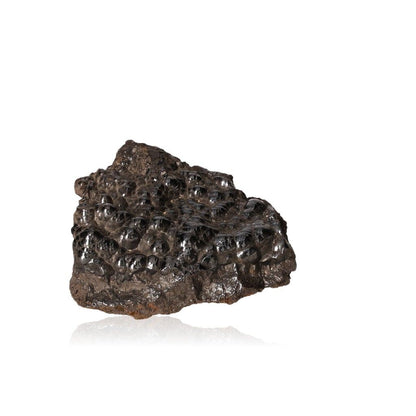 Polished botryoidal hematite crystal cluster with metallic shimmer on a white background.