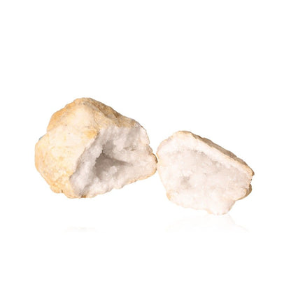 Milky quartz geode with rugged shell and sparkling white crystals, enhances tranquility, clarity, and boosts positive vibrations.