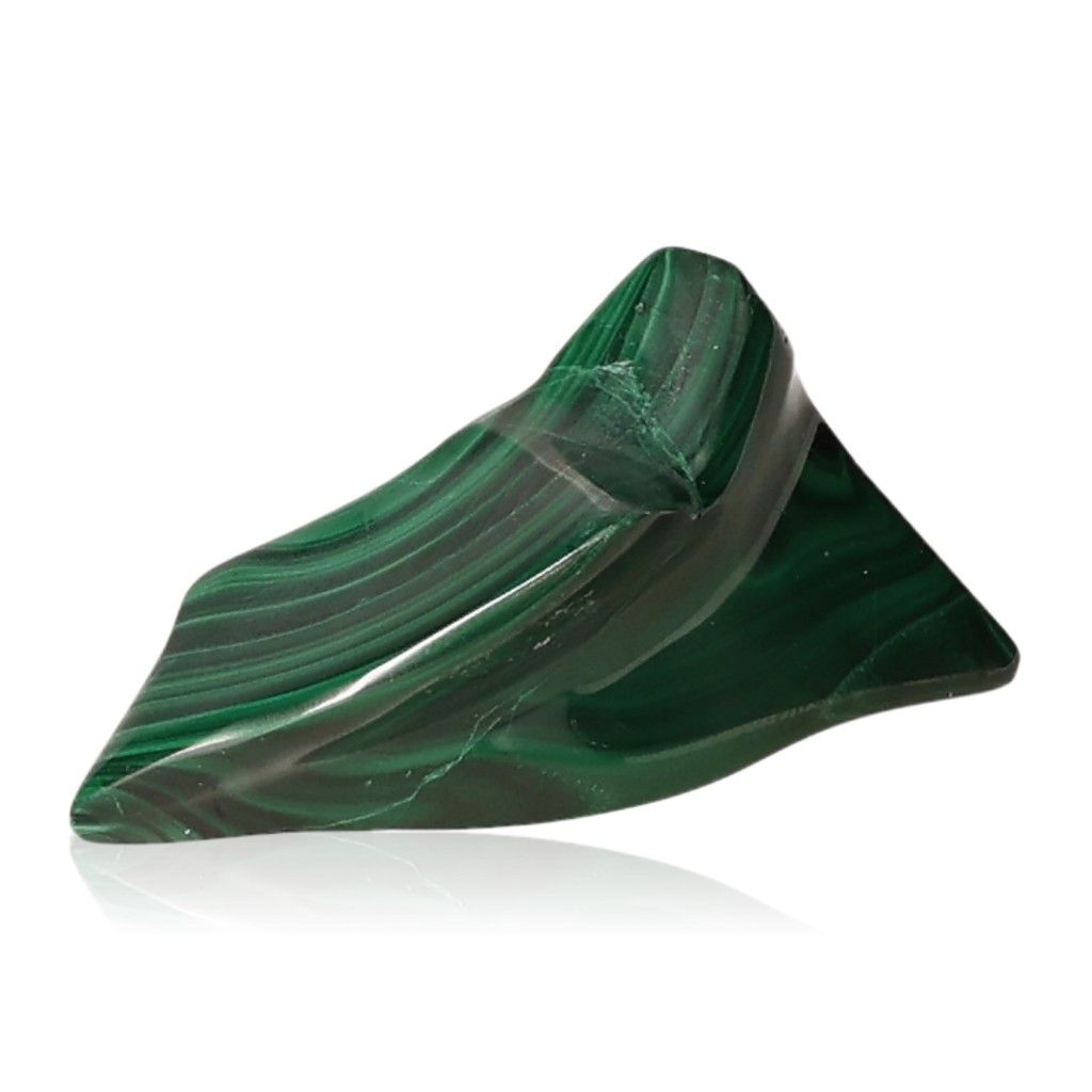 Polished malachite crystal with deep green hue and natural patterns, known for soothing energy and promoting inner harmony.