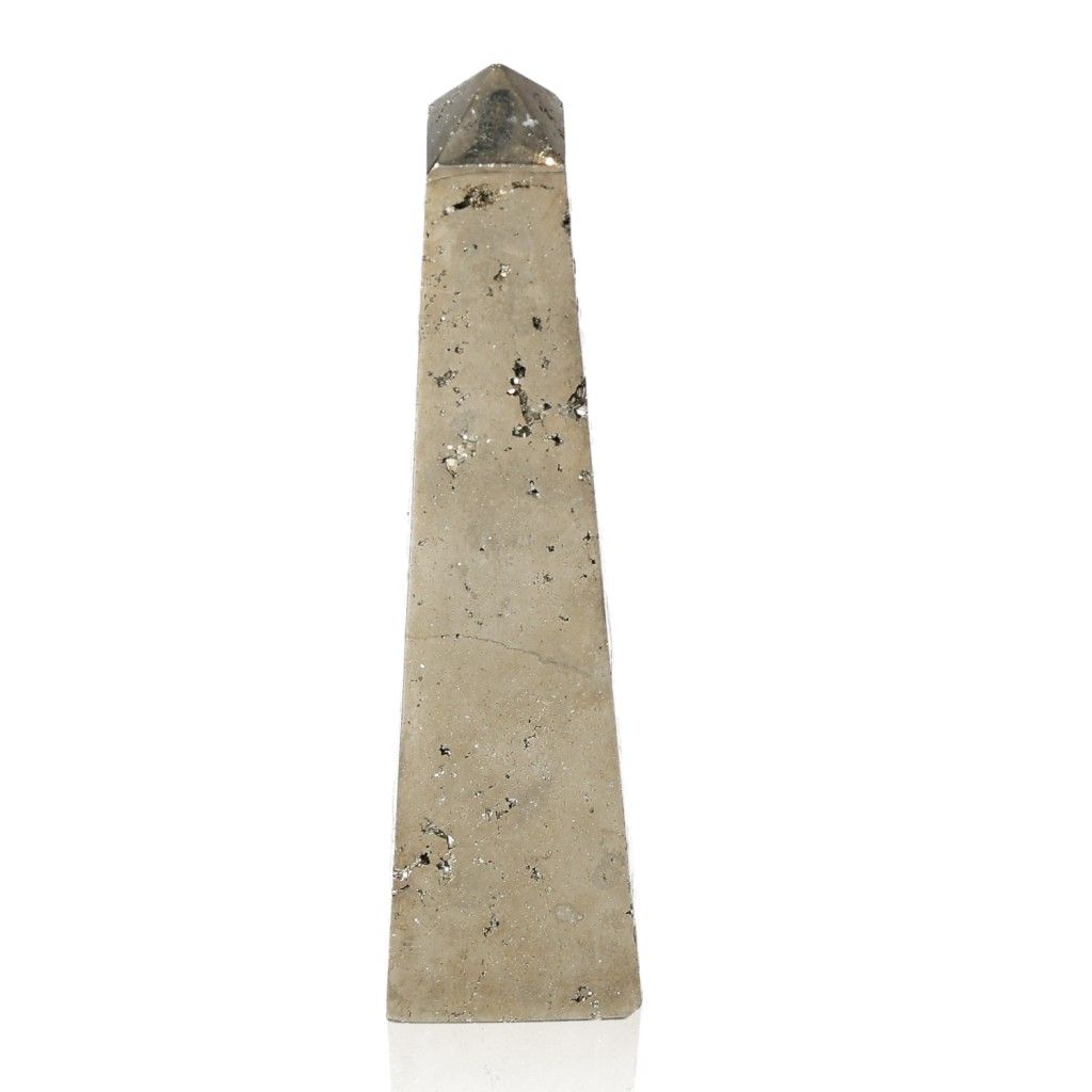 Pyrite obelisk stone for boosting independence, creativity, and goal achievement. Ideal for overcoming fear of failure.