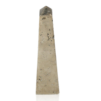 Pyrite obelisk stone for boosting independence, creativity, and goal achievement. Ideal for overcoming fear of failure.