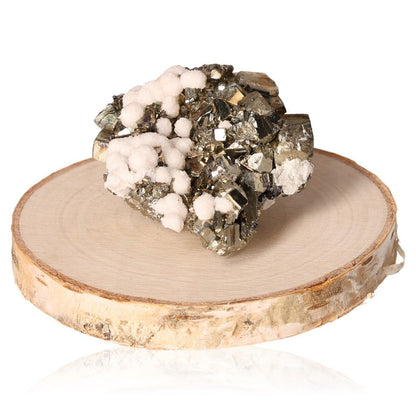 Pyrite druzy crystal on a wooden base, promoting independence, courage, and motivation for goal achievement and new ideas.