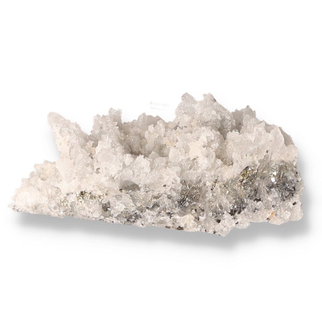 Raw white quartz crystal cluster on white background.